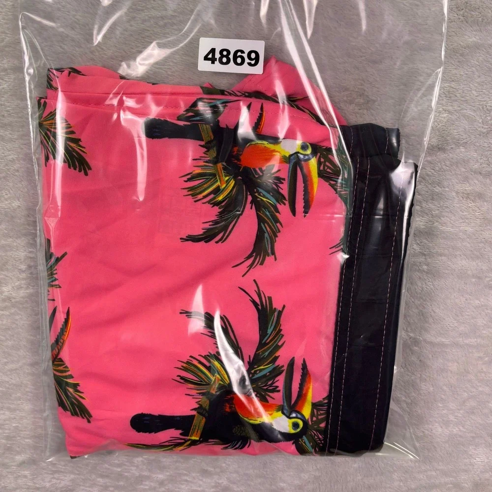 Public Record Mens Swim Shorts L Pink Toucan Birds of Paradise Tropical Trunks